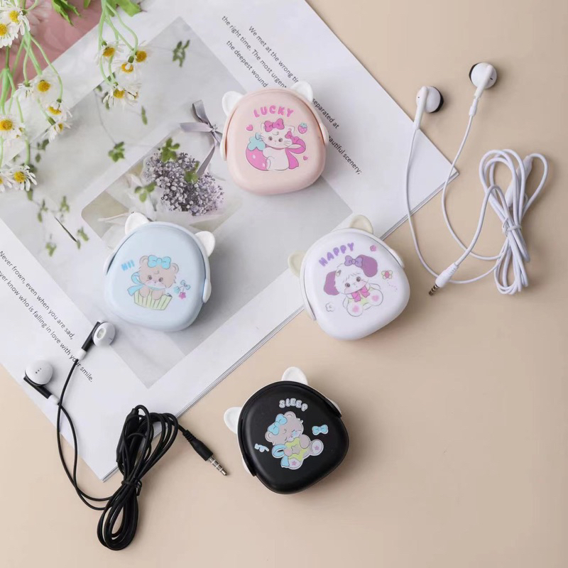 [ XY 80 ] Set Headset Earphone karakter l Lucky Happy/ + Wadah Earphone Motif