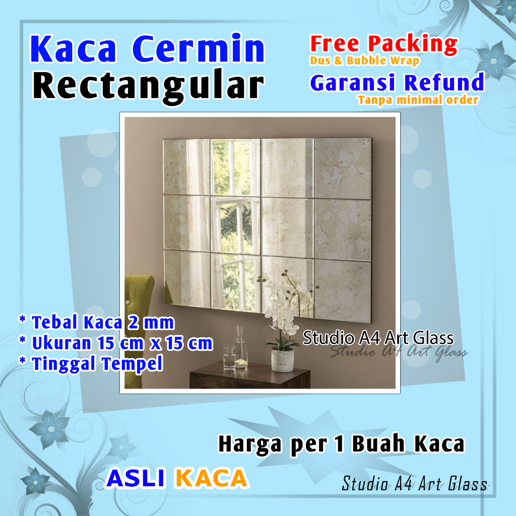Kaca Cermin Rectangular 2mm 15x15 cm TEBAL 2 MM