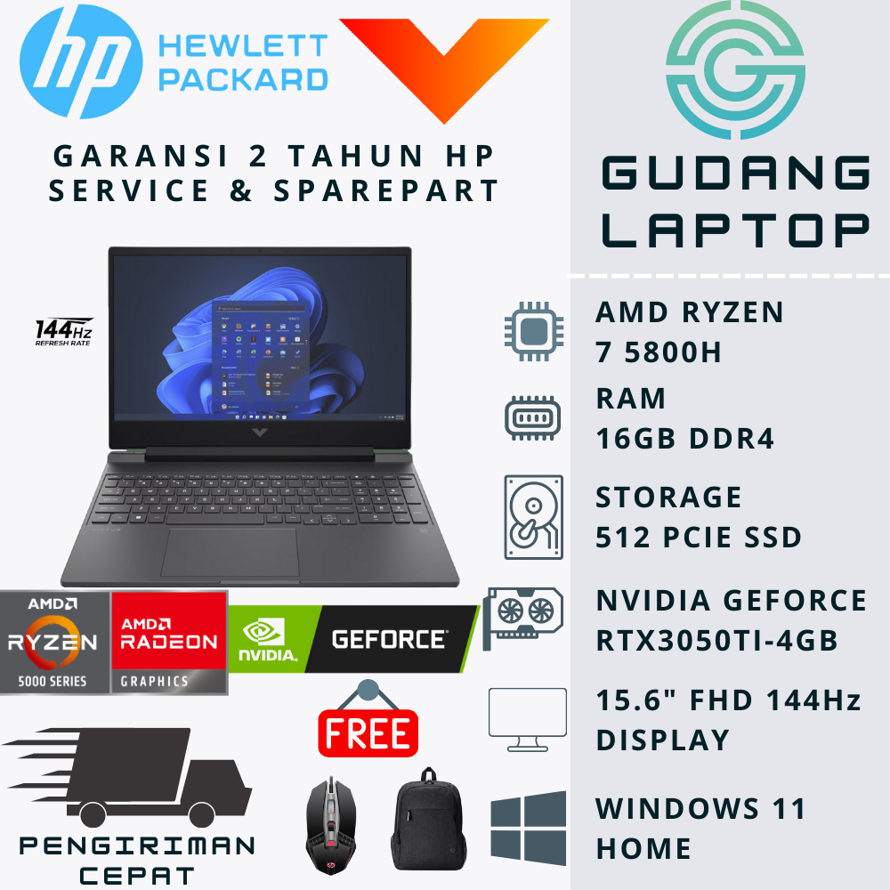 LAPTOP GAMING HP VICTUS 15 RYZEN 7 5800H 16 GB 512GB RTX3050Ti 144Hz WIN 11