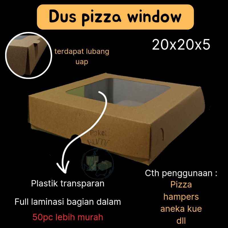

dus pizza 20x20x5 paper box window kraft laminasi dus box pizza coklat kraft box hampers size 20x20x5 dus doos wadah tempat kraft laminasi