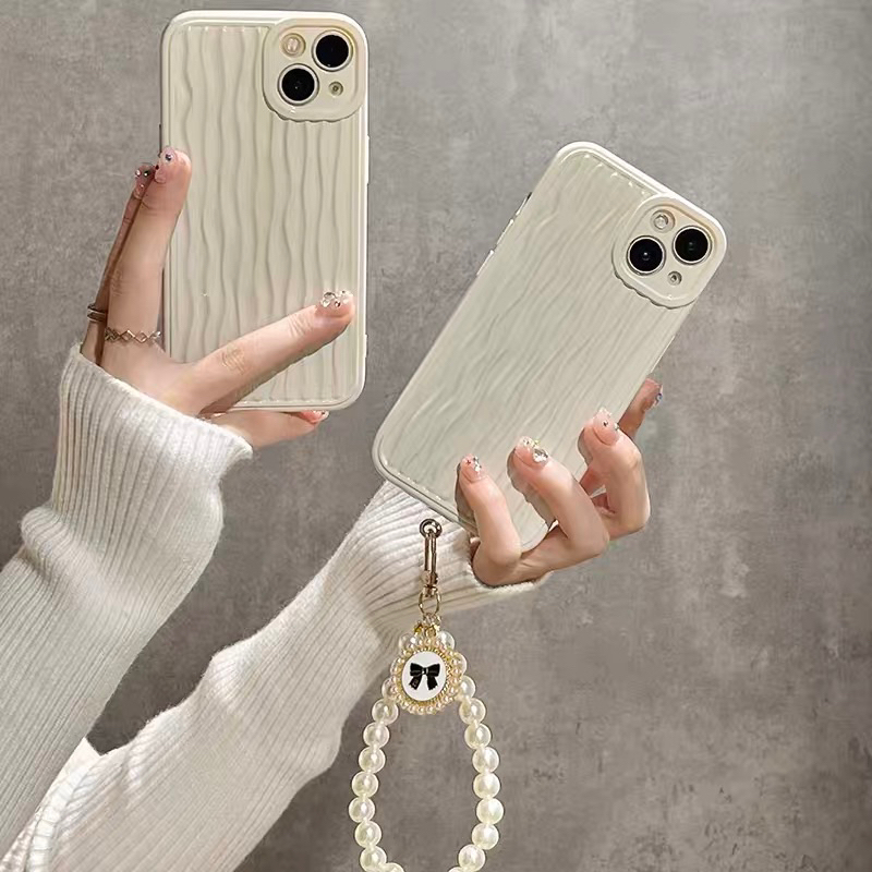 Simple White Beige with Bow Pearl Chain Softcase Casing Case HP Lucu iphone XS XS Max XR 11 Pro Max 12 Pro Max 13 Pro Max 14 Pro Max