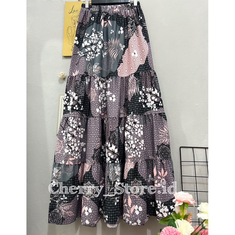 Cherry _ rok beraksen 4 susun motif bunga sakura | rok panjang wanita