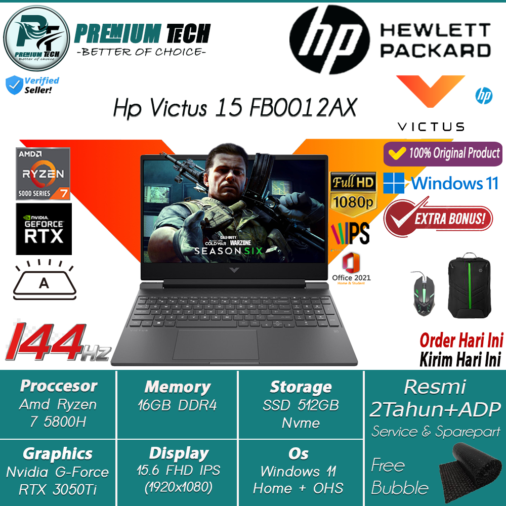 Laptop Gaming Hp Victus 15 FB0012AX Amd Ryzen 7 5800H 16Gb 512Gb Nvidia RTX3050 15.6 Fhd Ips Windows 11 OHS