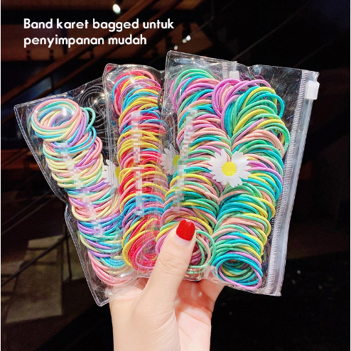 free pouch 100PCS ikat Karet Rambut Elastis Warna Polos Gaya Korea Kunciran Aksesoris Rambut Wanita Anak Dan Dewasa