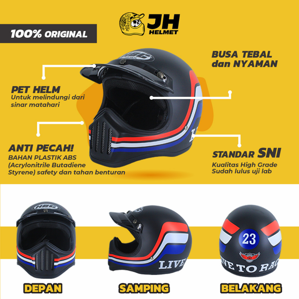 Helm Cakil HBC 23 Black Doff + FREE GOGGLE| Retro Full Face | JUAL HELM