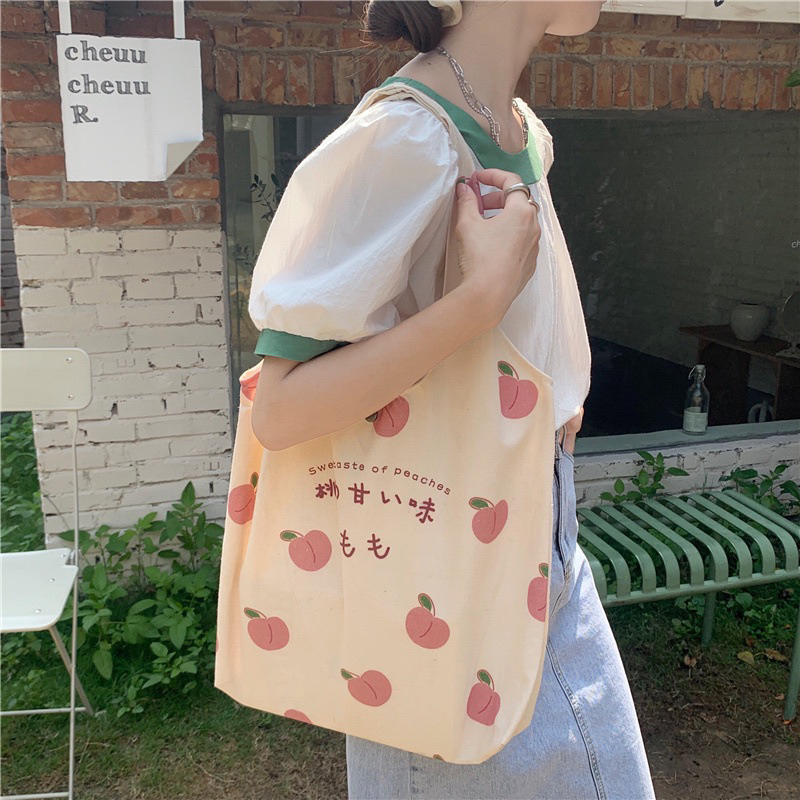 peach korean totebag / tas tote bag fashion wanita korea kain motif gambar lucu kekinian ukuran besar murah premium berkualitas TAS17