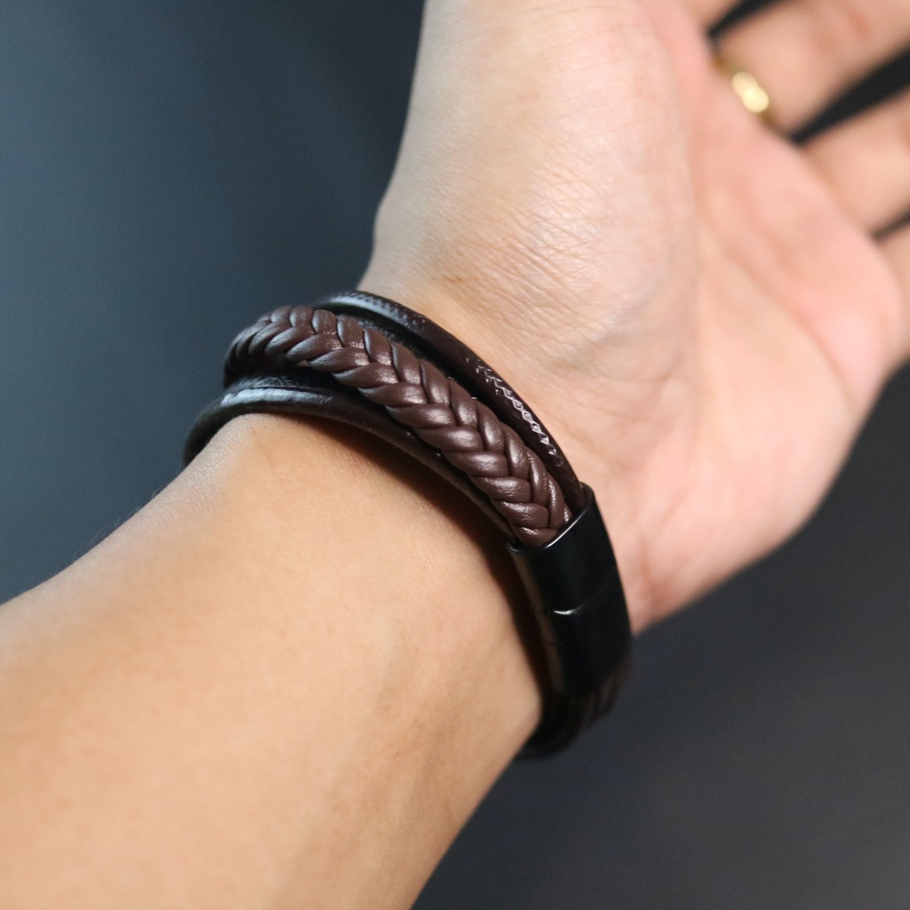 Coklat Anyam Gelang Kulit Pria Stainless Leather / Gelang Cowok Cowo / INTERNATIONAL QUALITY