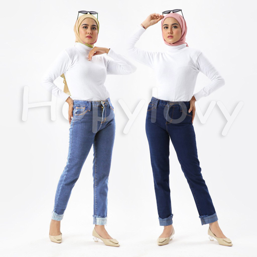 HOPYLOVY - Celana Boyfriend Jeans Wanita Model Rolled Up Rosetta