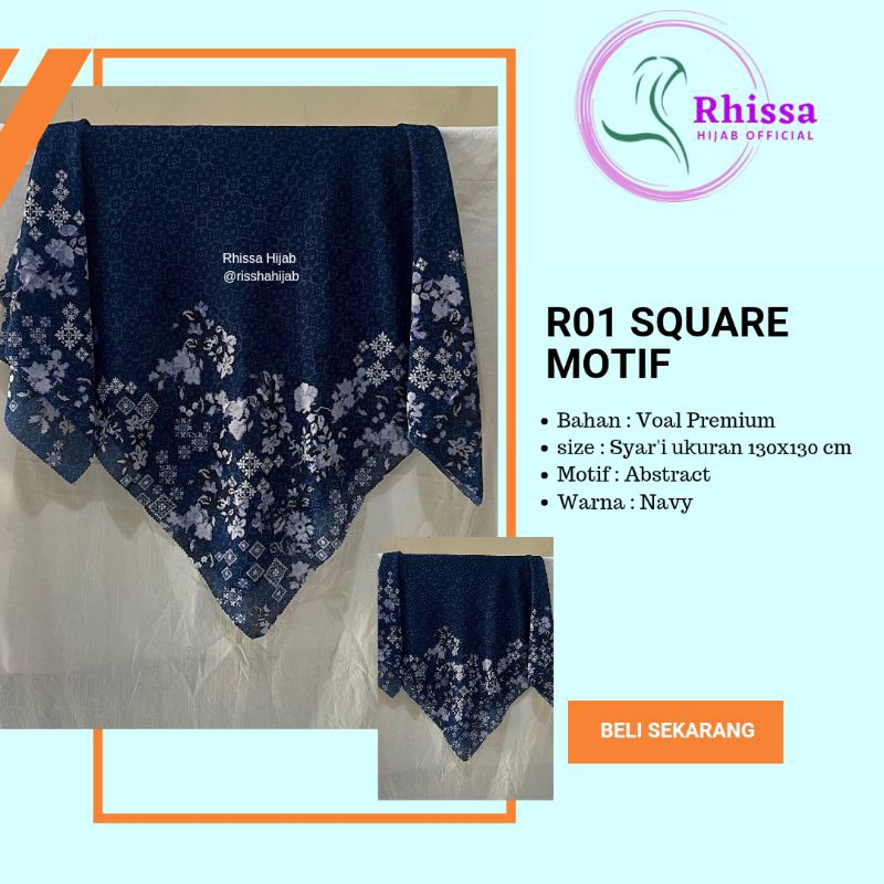Segi empat Motif abstract syar'i scarf hijab voal Navy biru dongker