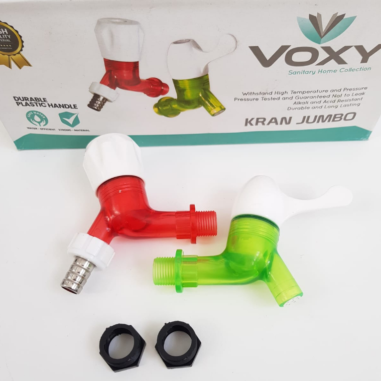 Kran Tembok PVC Jumbo VOXY Transparan 1/2 verloop 3/4 in pegangan Engkol dan Mahkota ujung Taman dan polos - Kran Jumbo model sanho malaysia - Kran Plastik Bagus 1/2in 3/4in VOXY