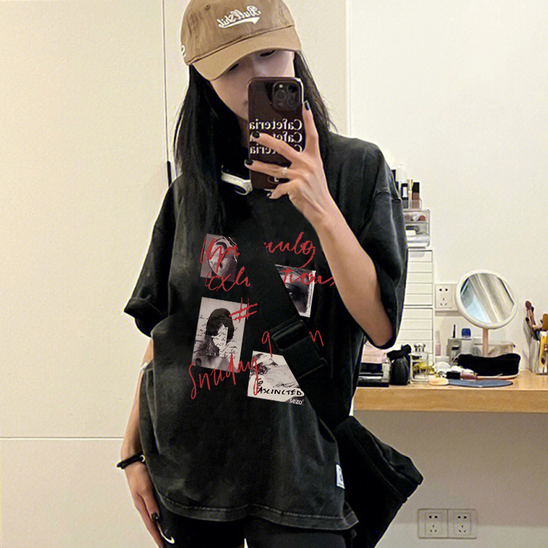 Print Washed T-shirt Kaos Lengan Pendek Oversize Retro Newspaper Korean Style Atasan Wanita