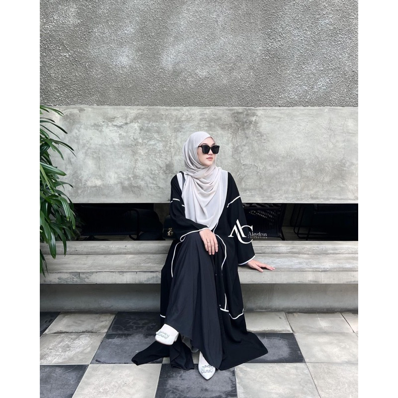 Abaya Hitam Turkey Saudi Outer Inner 2in1 Bahan Jetblack Kombinasi Wolfis List Putih 887