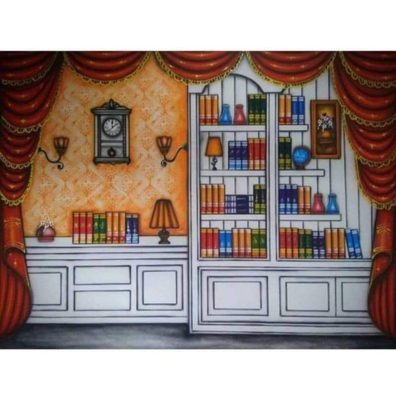 Background foto wisuda/ rak buku studio photo Terlaris 2024