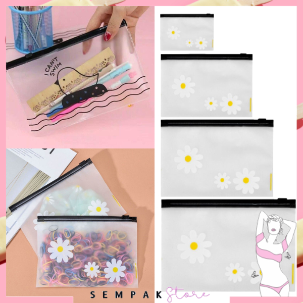 SS Pouch Ziplock Organizer Transparan Doff Motif Bunga Daisy Zipper Bag Masker Transparan Karakter Little Chick Zip Lock Tempat Pensil Wadah Kosmetik Masker Serbaguna