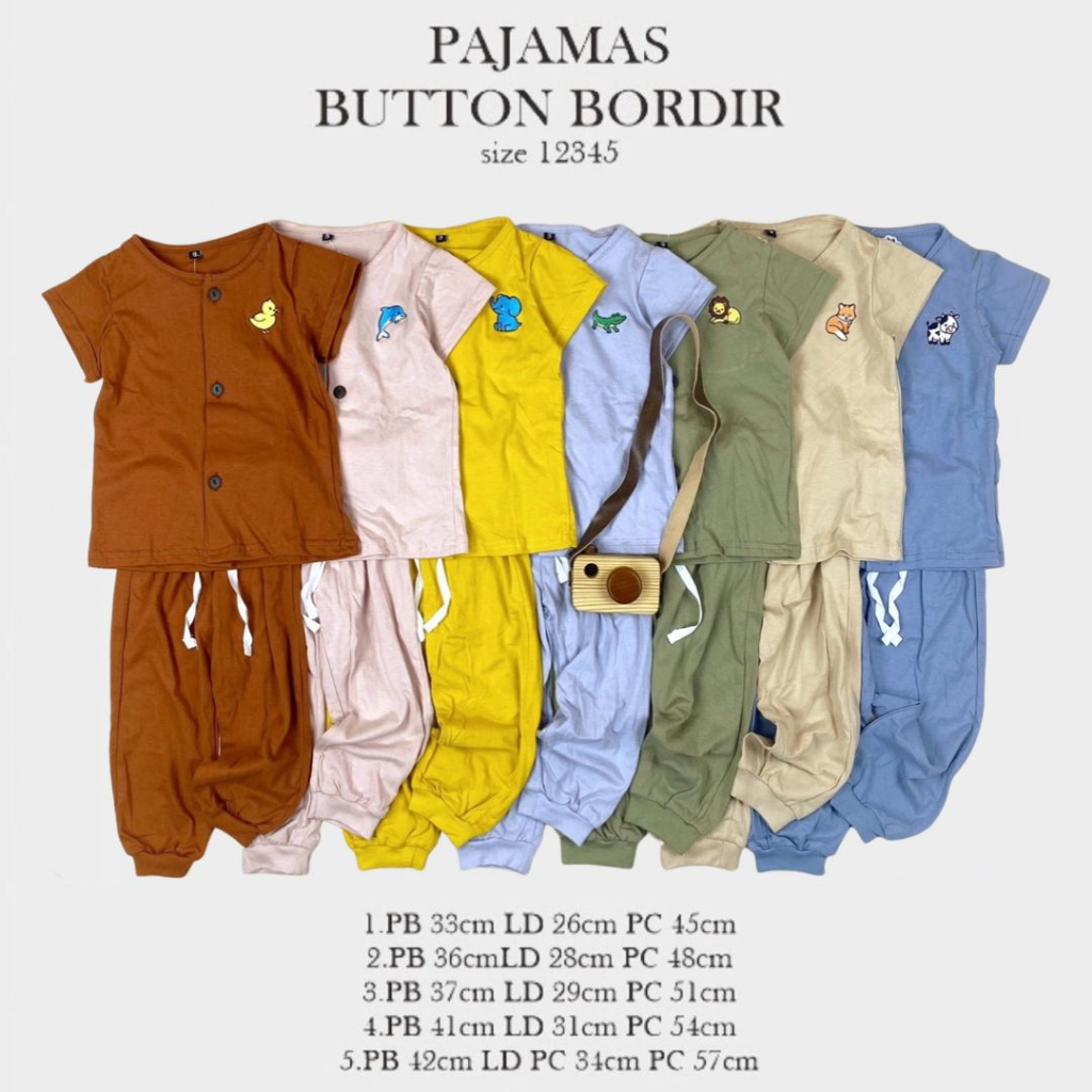 PAJAMAS BUTTON BORDIR SETELAN BAJU TIDUR ANAK BAJU PENDEK CELANA PANJANG ANAK 1-5 TAHUN PNP