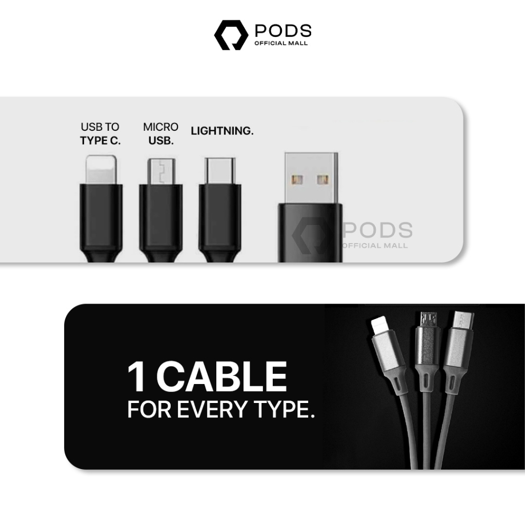 [FAST CHARGING] The Pods 3in1 Retractable Fast Charging Cable - Kabel Charger Cable Charger Untuk IOS / Android Kabel IOS Lightning + Micro USB + Type C / USB TO C / USB TO MICRO USB / USB for iPhone Android Samsung Xiaomi OPPO Vivo by Pods Indonesia