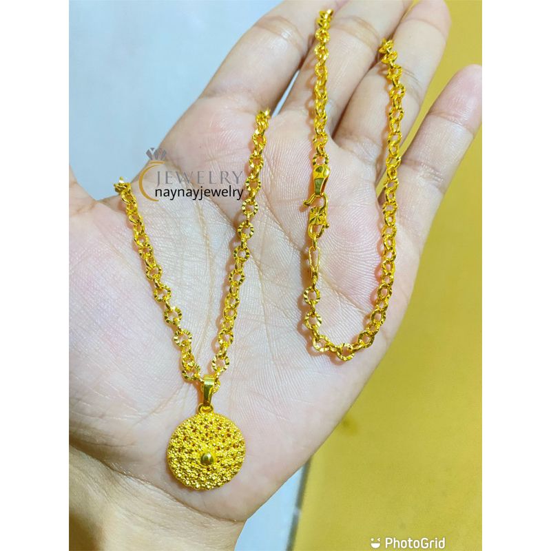 Kalung 3 Suku Medan bunga bulat ukir Lapis emas 24k