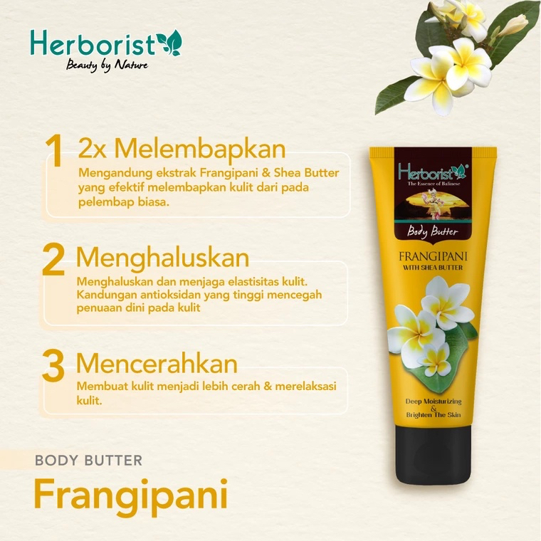 HERBORIST Body Butter Frangipani Indonesia / 80g / With Shea Butter / Deep Moisturizing &amp; Brighten The Skin / Melembabkan Mencerahkan Menutrisi / Strawberry Sorbet Chocolate Coconut Zaitun Matcha Milk Mango Banana / Skincare Care Lotion Gel Scrub Tubuh