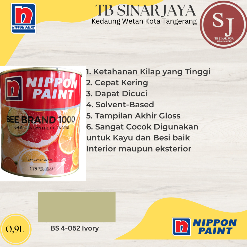 Cat Kayu dan Besi BEE BRAND 1000 Nippon Paint 0.9L - BS 4-052 Ivory