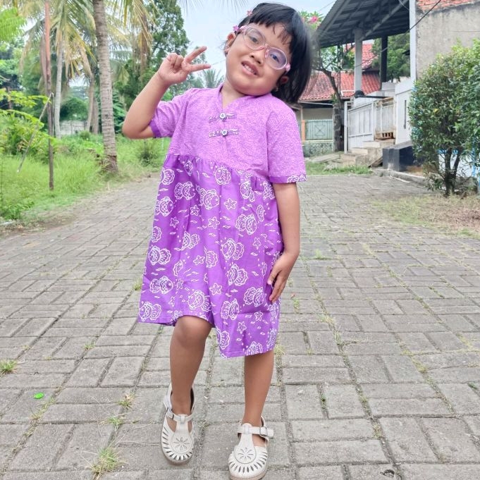 Dress Terusan Anak Cewek Perempuan Batik Ungu Kondangan Sekolah 1-9 tahun Bayi Remaja Couple