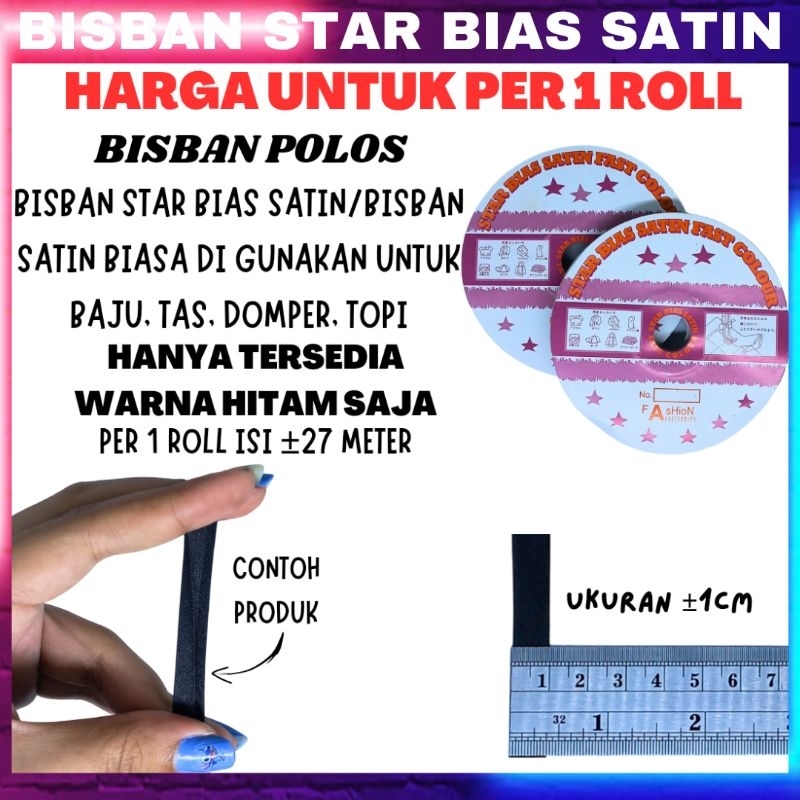 BISBAN STAR BIAS SATIN POLOS HITAM BAJU TOPI TAS PER ROLL