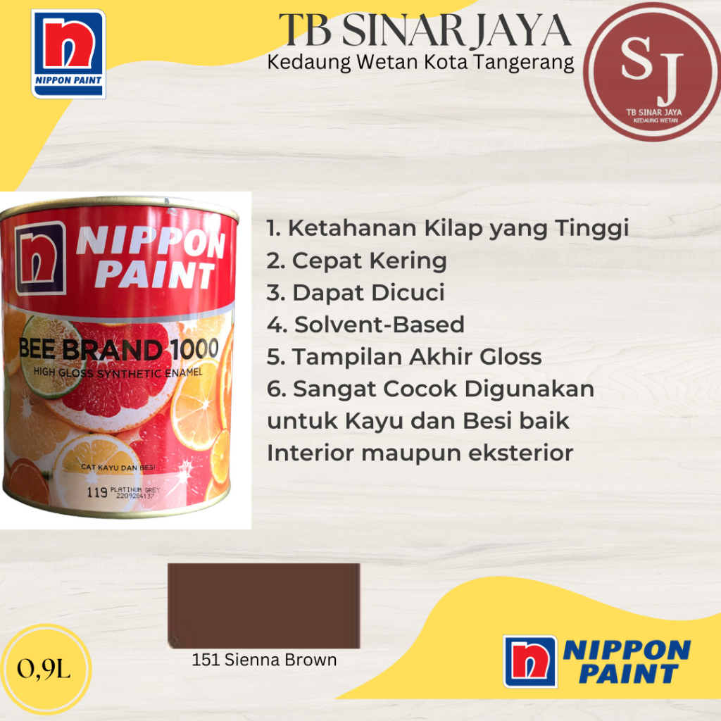 Cat Kayu Dan Besi BEE BRAND 1000 Nippon Pain Cat Minyak 0.9l - 151 Sienna Brown