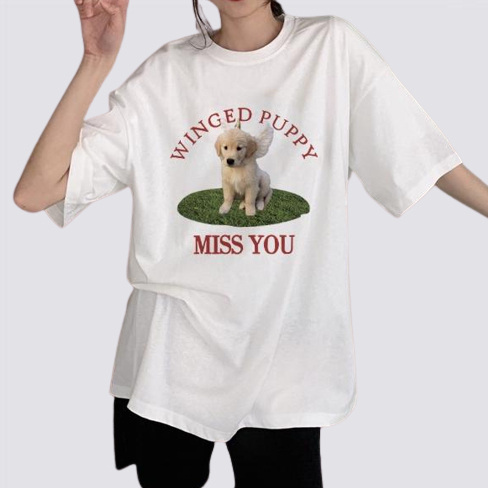 XIAOZHAINV Kaos Atasan Wanita Miss You Dog Pattern Lengan Pendek A0321