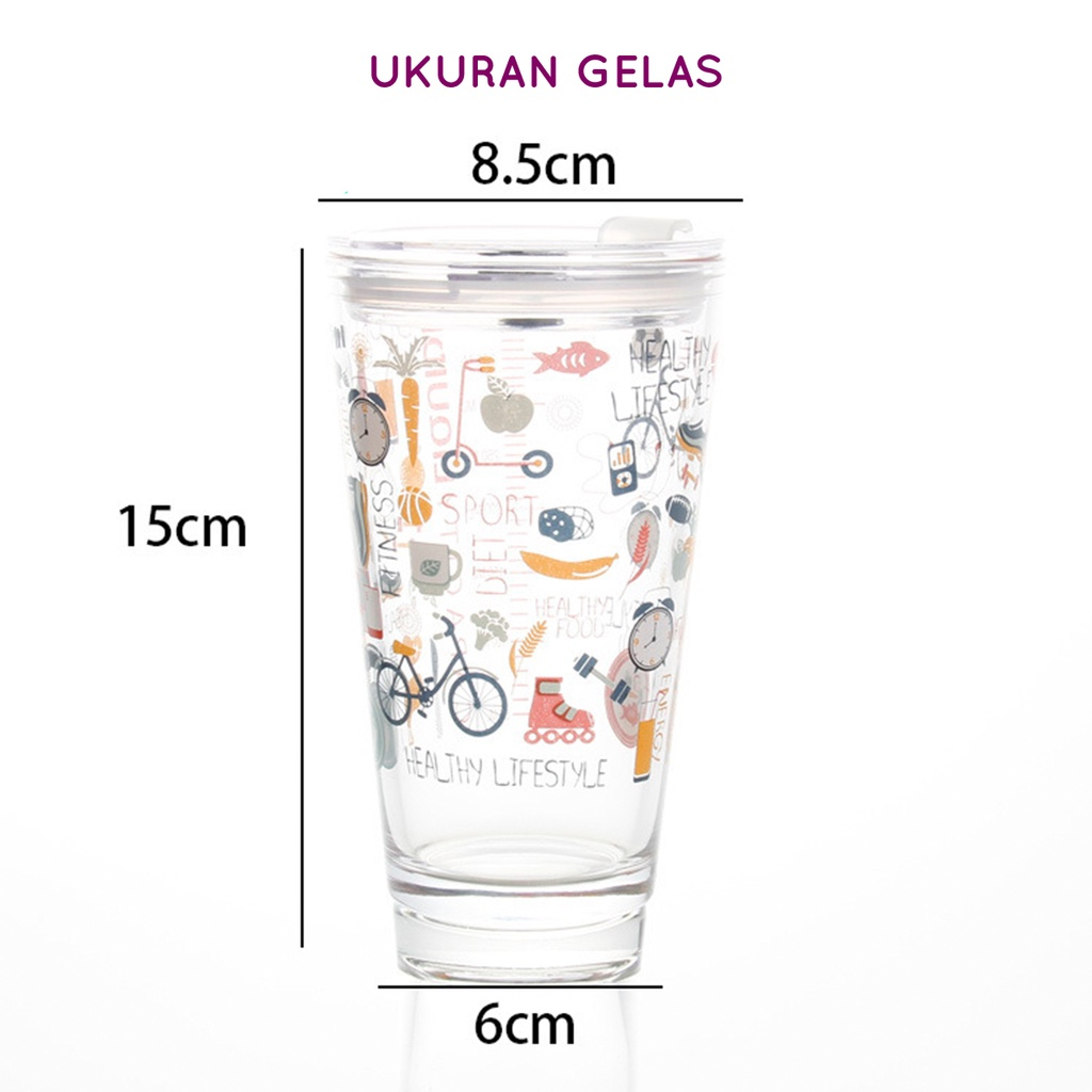 Gelas Tumblr Kaca Bening Gelas Mug Gelas Kaca dengan Tutup Anti Bocor 400ml Botol Minum Kaca Gratis Sedotan