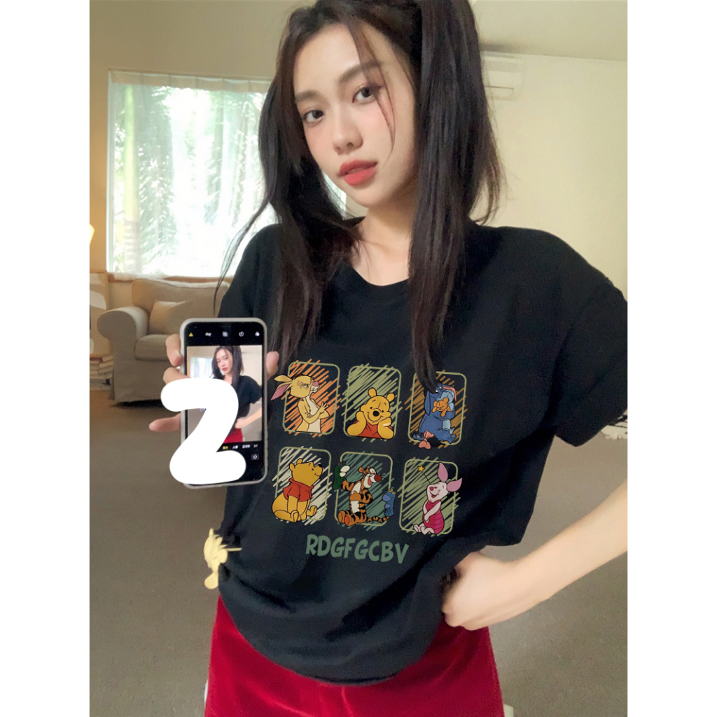 EUNII T-shirt Lengan Pendek Cartoon Winnie The Pooh Printing Korean Style/Kaos Atasan Wanita/Baju Wanita/Kaos Wanita