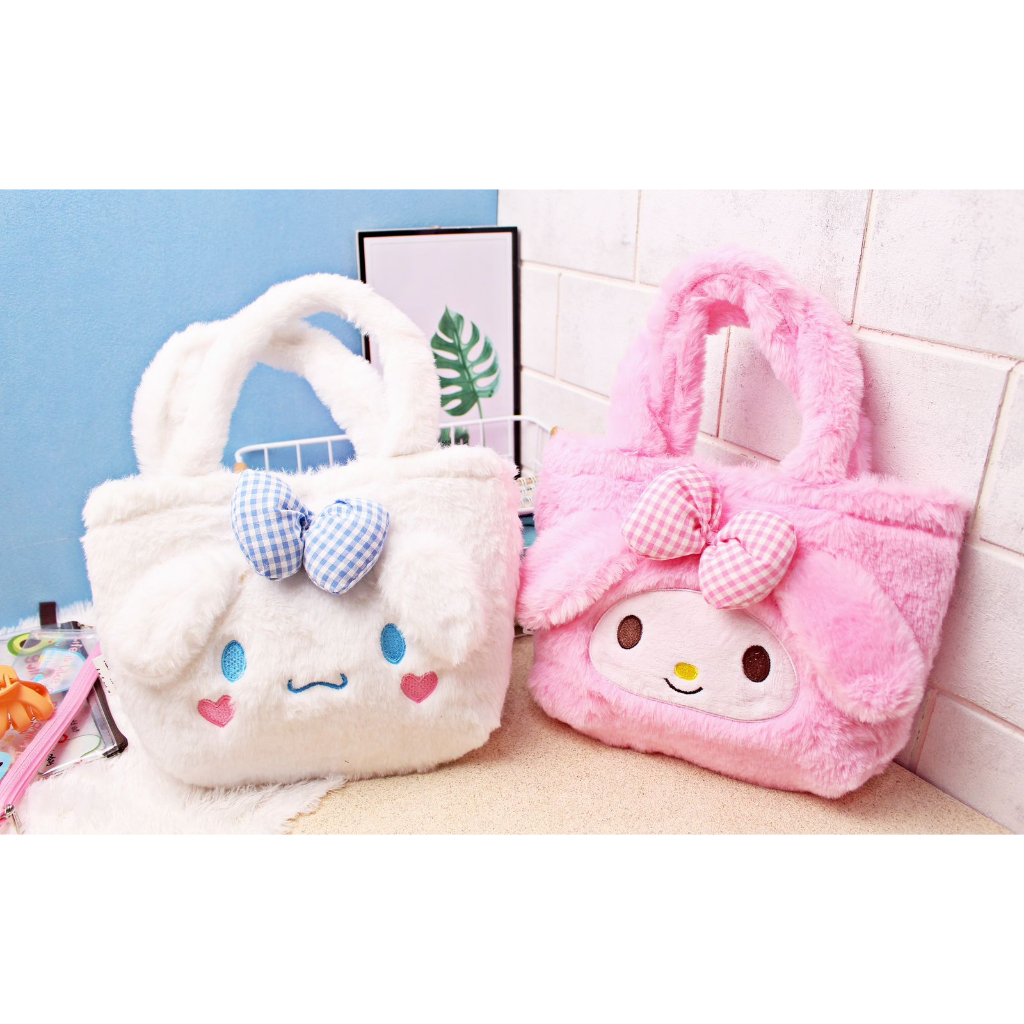 Tas Tenteng Wanita Bulu Halus Sanrio Cinnamoroll My Melody Tas Jinjing Kekinian Handbag Bahan Lembut Bukan Import Anak Dewasa