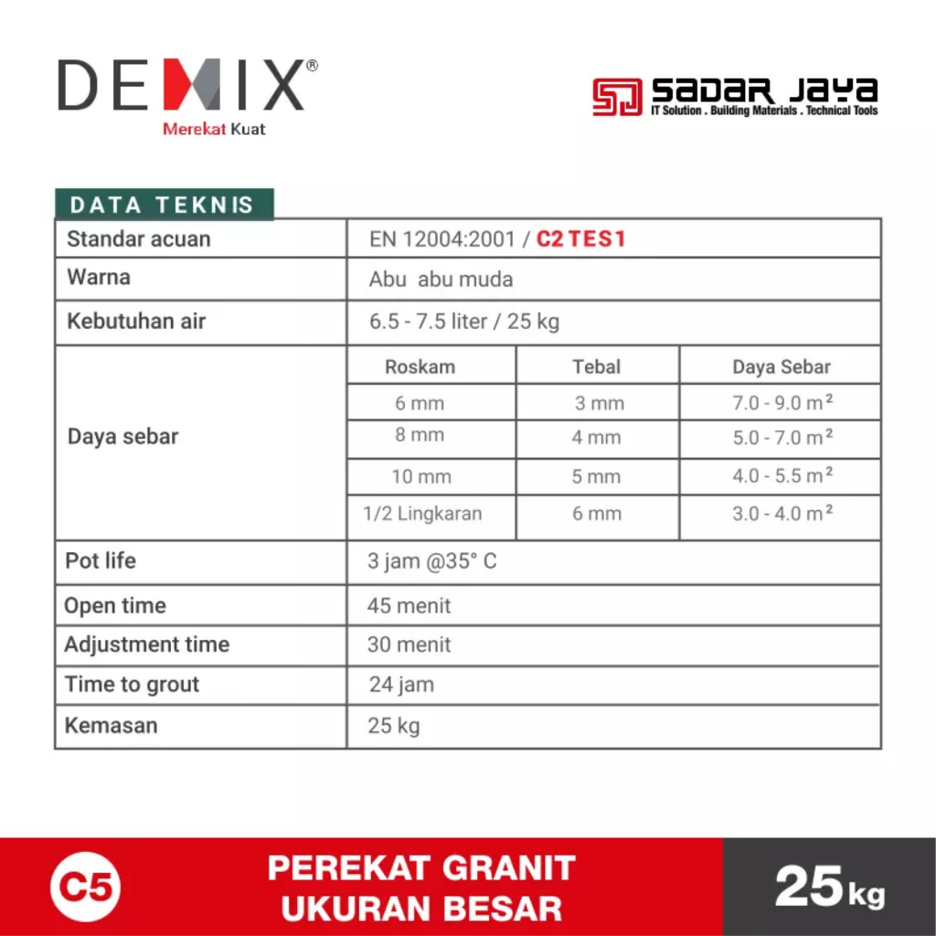 Semen Instan DEMIX C5 Perekat Granit Ukuran Besar Mortar Instant Granite Homogeneous Tile Adhesive Big Slab