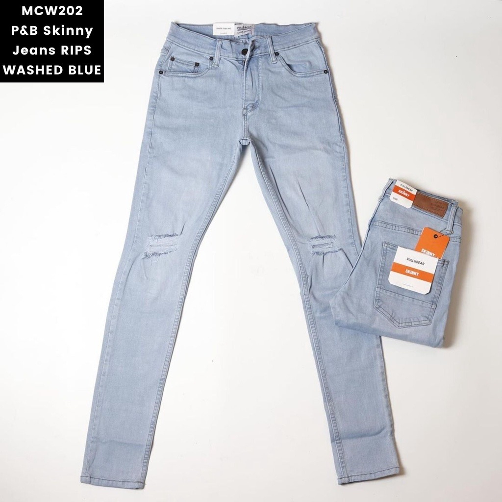 CELANA JEANS SKINNY PULL&amp;BEAR PRIA BLUE LIGHT STRETCH BIRU MUDA TERANG