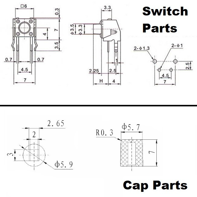 Tact Switch Right Angle Siku +Cap Push ON Saklar Tactile Button