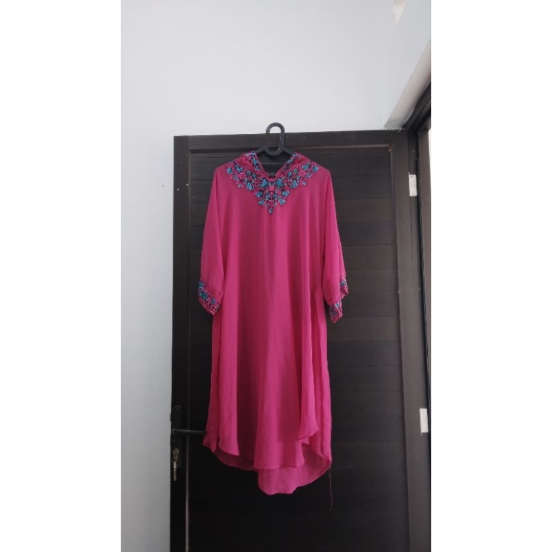 Dress wanita muslim hoodie dewasa pink kupluk lengan jahitan motif bunga  panjang bumil masih bagus like new