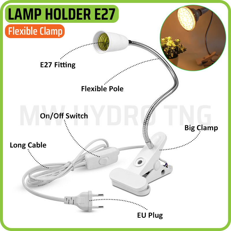 Fitting Jepit Lampu Fleksibel dengan Saklar, Flexible E27 Lamp Holder Clamp &amp; Switch