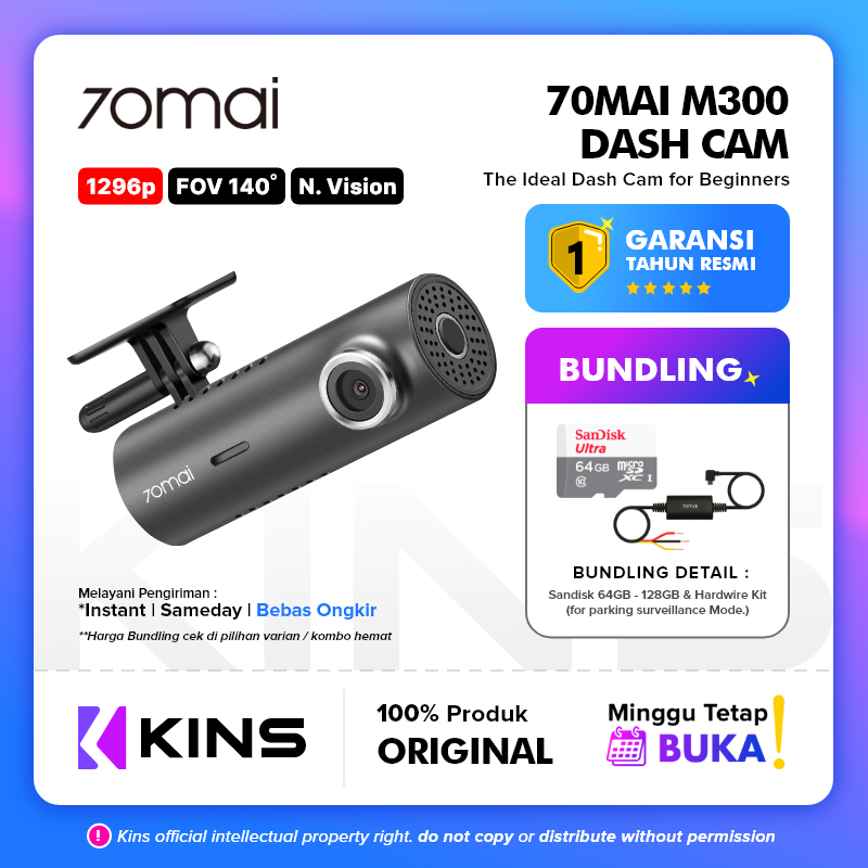 70mai M300 / 70mai Dash Cam M300 1296P FOV 140° Night Vision 70mai M300 Garansi