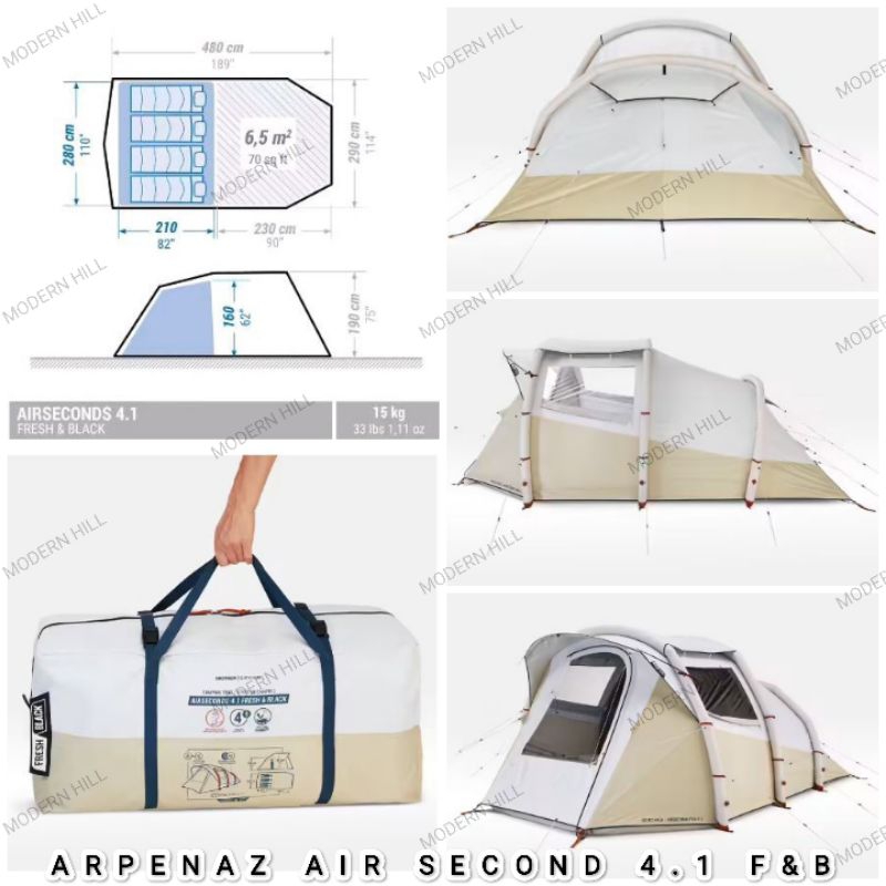 Tenda camping keluarga Quechua Arpenaz Family 4.1 Air Second F&B (Fresh & Black)