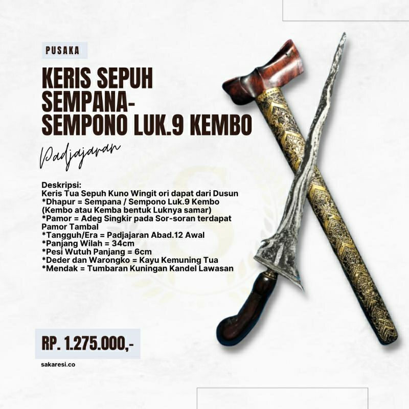 Keris Sepuh Tua Kuno Langka Lawas Antik ORI Asli Luk 9 Kemba Kembo Pamor