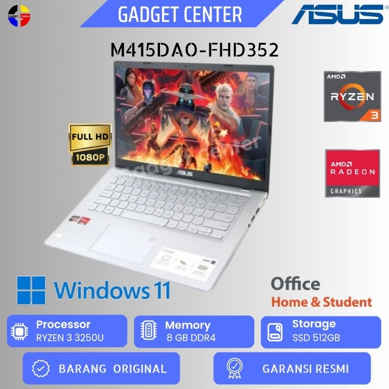 LAPTOP ASUS M415DAO-FHD352/RYZEN 3-3250/8GB/SSD 512GB/WIN11+OHS/RESMI