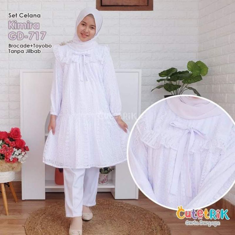 Cutetrik Setelan Baju Muslim Anak Perempuan Set Celana Tunik Putih Brocade