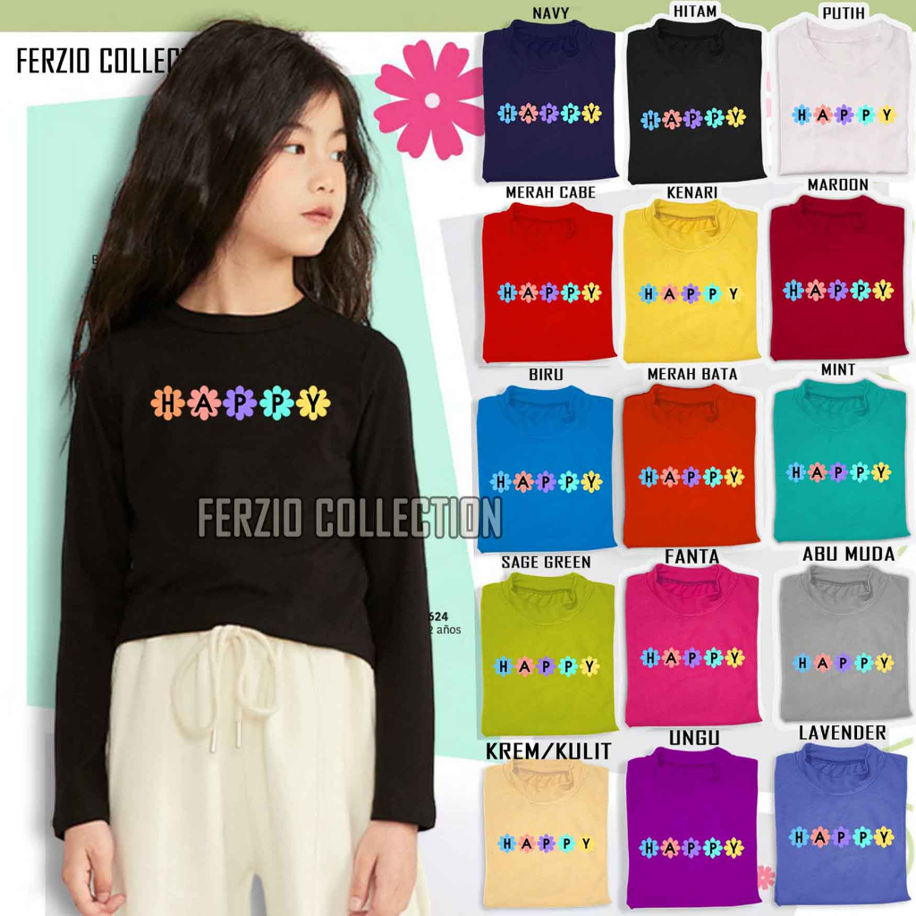 BAJU MANSET SABLON ANAK HAPPY//MANSET KAOS KARAKTER ANAK PEREMPUAN//ATASAN KARAKTER ANAK USIA 3-15 T