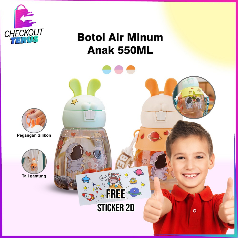 CT C829 Botol Minum Anak 550ML Motif Kelinci Tempat Minum Anak dengan Sedotan Botol Air Minum Bunny Anak Tali Panjang Anti Tumpah