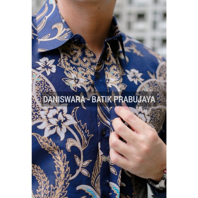 DANISWARA Kemeja Batik Pria Lengan Panjang Modern Premium Biru Navy Full Furing Halus Kondangan Kerja