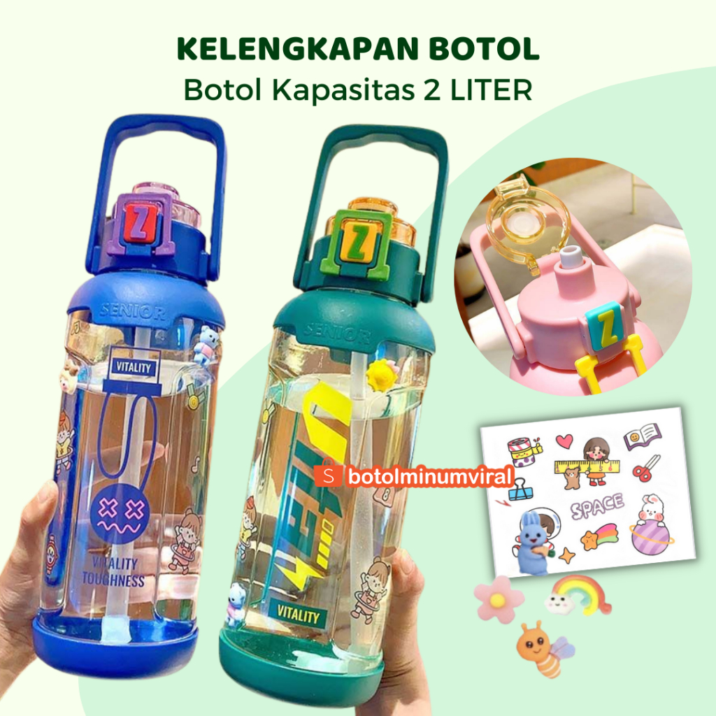 Botol Minum Viral 2L Aesthetic Bening Anti Tumpah Free Sticker 2D 3D