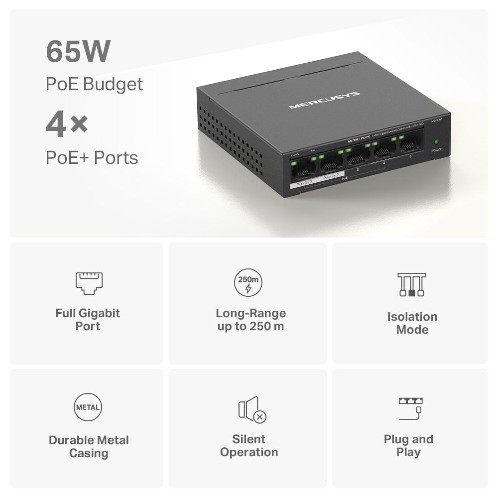 Mercusys MS105GP 5-Port Gigabit Desktop Switch with 4-Port PoE+