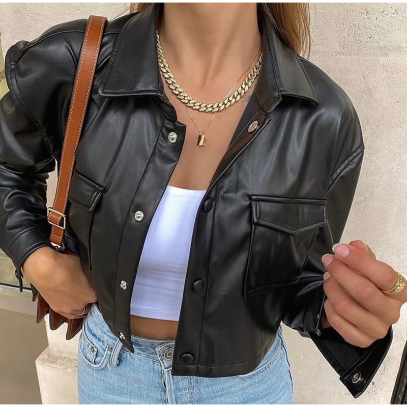 Maxine Cropped Leather Jacket Biker Style Y2K