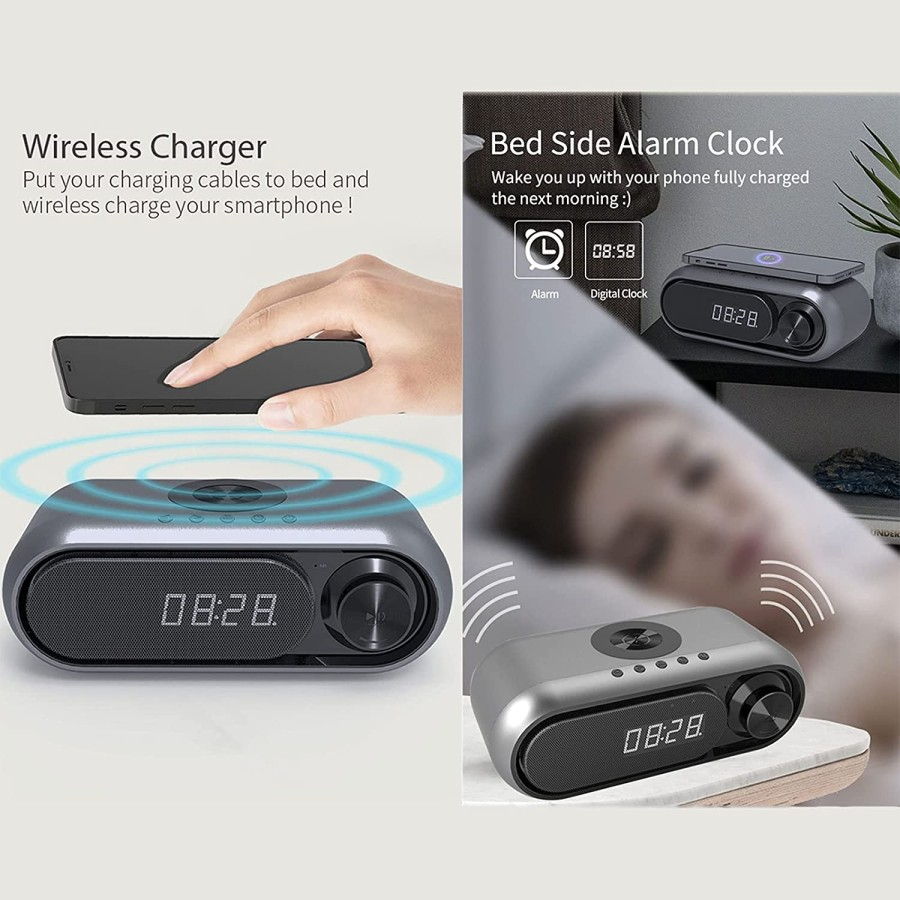 ECOWAVE Jam Meja Speaker Bluetooth Wireless Charging LED Alarm Clock
