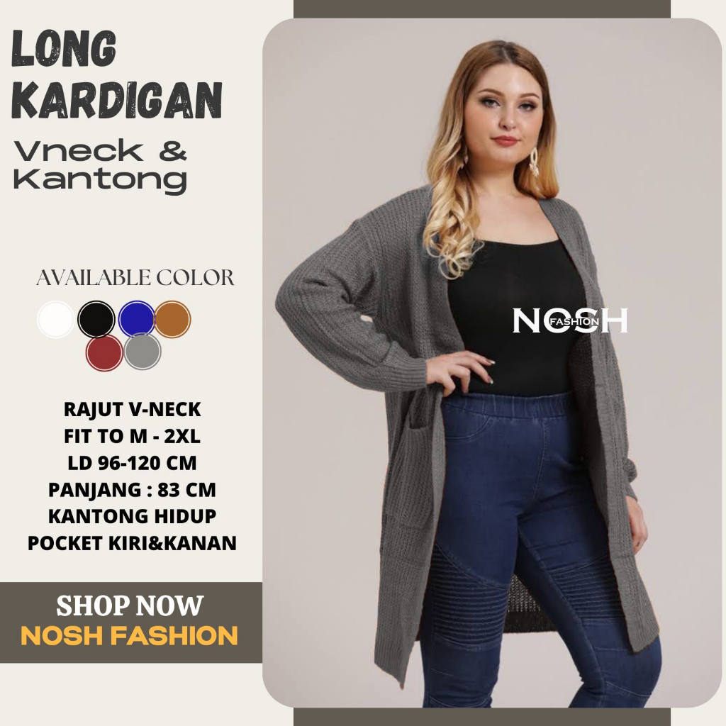 Long Cardigan jumbo wanita Rajut V Neck Jumbo Lolla - NOSH Oversize /  Long Cardigan Wanita Lola - N
