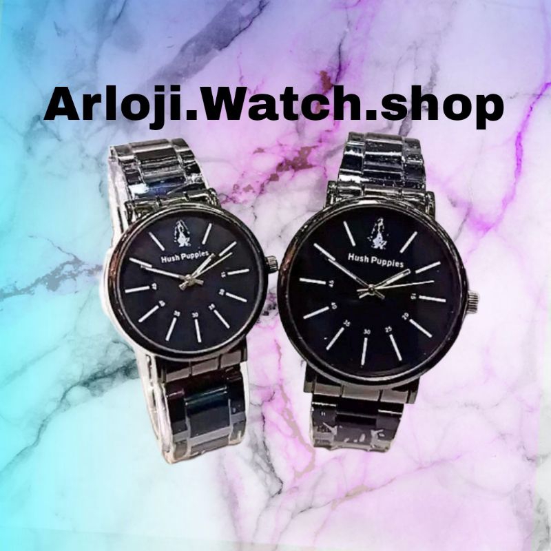 (Cod)Jam Tangan Couple Hushpuppies Polos Bulat Strap Rantai/Stell(Dikirim Jakarta)