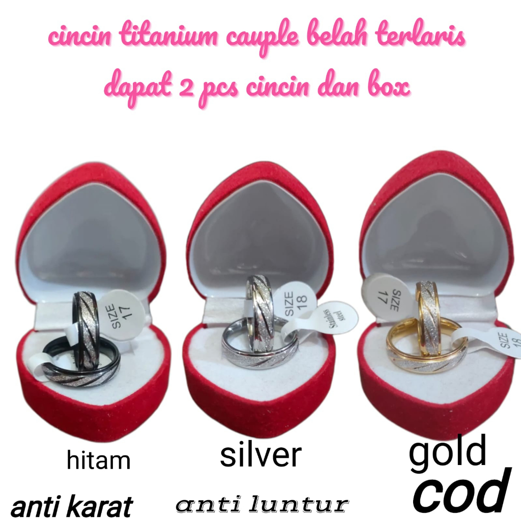 PROMO COD!!! Cincin Kawin Udah Dapat 2 Pcs + Box Cincin, Silver Stainless Steel Polos Belah Warna